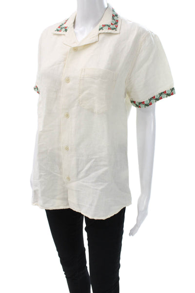 Corridor Mens Buttoned Down Linen Collared Short Sleeve Shirt Ivory Size XS