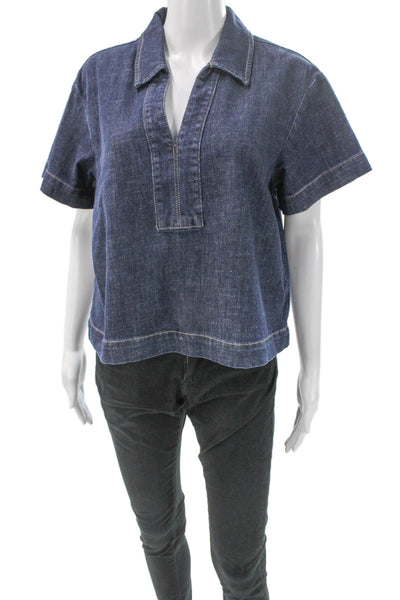 Joe's Collection Women Collared Short Sleeve Blue Basic Blouse Size M