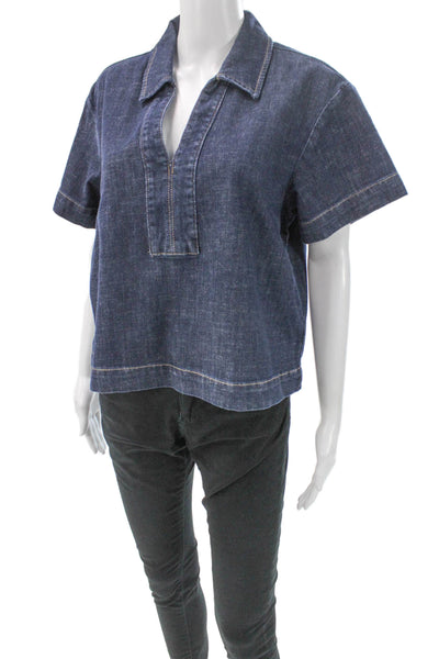 Joe's Collection Women Collared Short Sleeve Blue Basic Blouse Size M