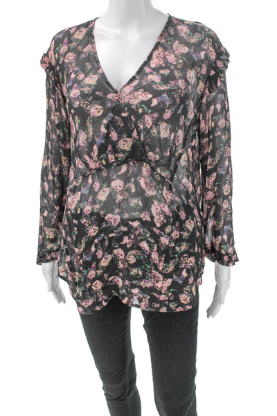 IRO Womens Basic Silk V-Neck Floral Long Sleeve Blouse Black Size 38