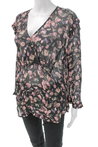 IRO Womens Basic Silk V-Neck Floral Long Sleeve Blouse Black Size 38