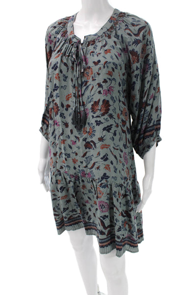 Natalie Martin Women Silk Floral Shift Dress Green 3/4 Sleeve Tie Size S