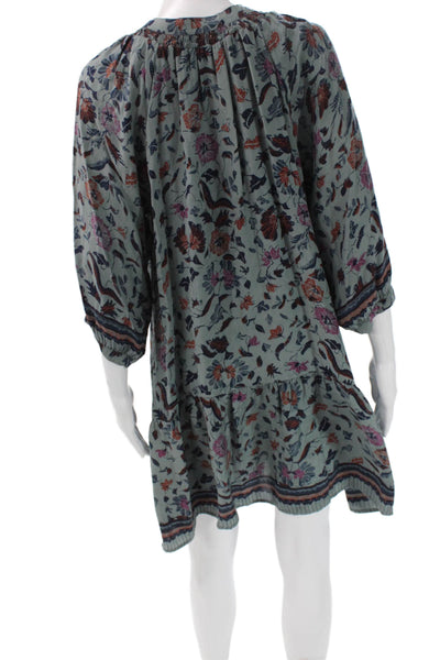 Natalie Martin Women Silk Floral Shift Dress Green 3/4 Sleeve Tie Size S