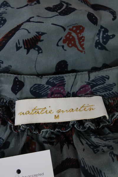 Natalie Martin Women Silk Floral Shift Dress Green 3/4 Sleeve Tie Size S