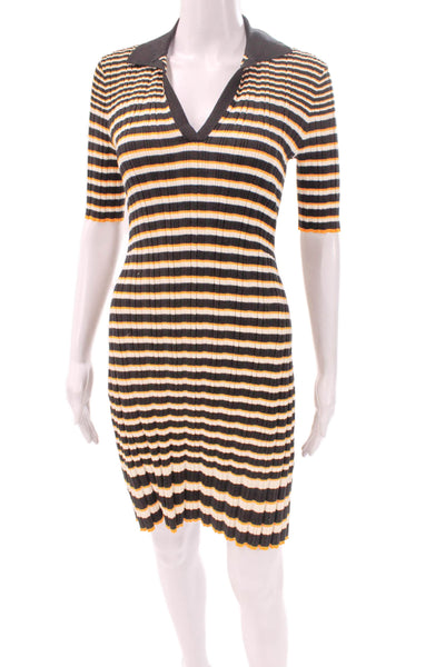 Theory Womens Striped Ribbed Bodycon Dress Collared Half Sleeve Black Size S