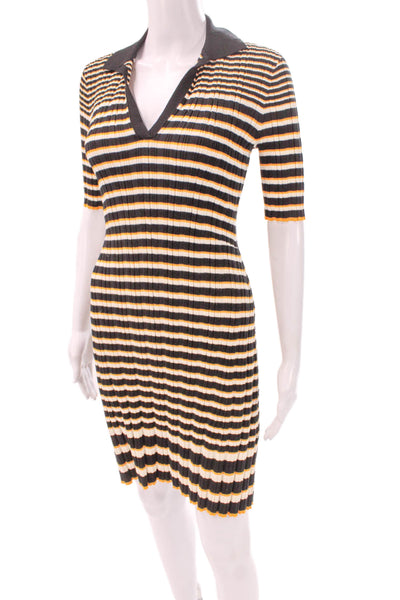 Theory Womens Striped Ribbed Bodycon Dress Collared Half Sleeve Black Size S