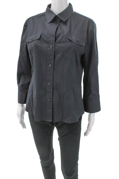 Theory Womens Tops Button Up Black Collared Cotton 3/4 Sleeve Size L