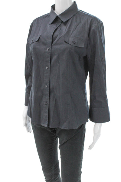 Theory Womens Tops Button Up Black Collared Cotton 3/4 Sleeve Size L