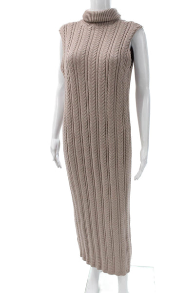 Beige Womens Maxi Dress Turtleneck Cable Knit Sleeveless Size M