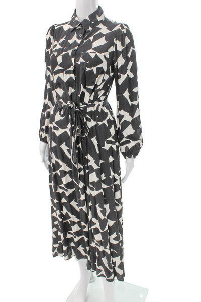 Zara Womens Shirt Dress Black Geometric Viscose Button Long Sleeve Size S