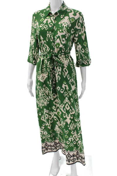 Zara Womens Maxi Ikat Collared Button Front 3/4 Sleeve Polyester Dress Size S