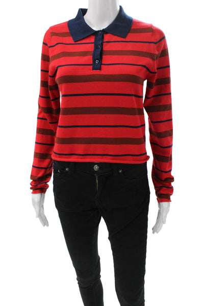 Zara Women Striped Collared Knit Polo Sweater Long Sleeve Red Size M