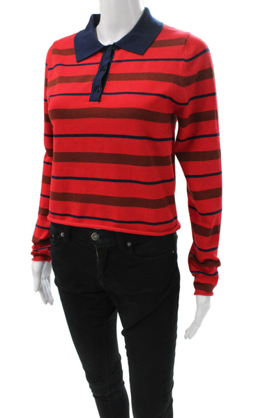 Zara Women Striped Collared Knit Polo Sweater Long Sleeve Red Size M