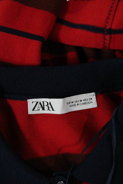 Zara Women Striped Collared Knit Polo Sweater Long Sleeve Red Size M