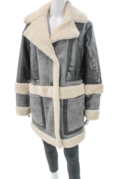 Bernardo Womens Overcoat Faux Leather Gray Button Long Sleeve Size S