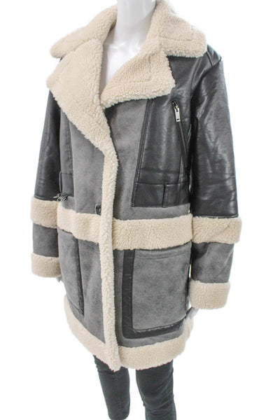 Bernardo Womens Overcoat Faux Leather Gray Button Long Sleeve Size S