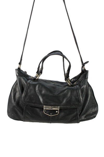 B Makowsky Womens Leather Gold Tone Flap Crossbody Shoulder Handbag Black