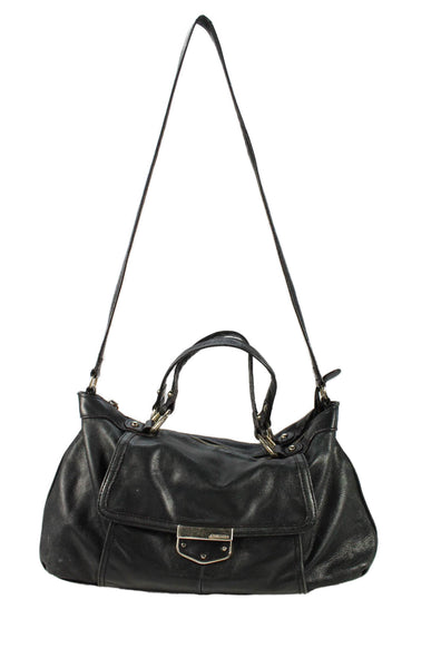 B Makowsky Womens Leather Gold Tone Flap Crossbody Shoulder Handbag Black