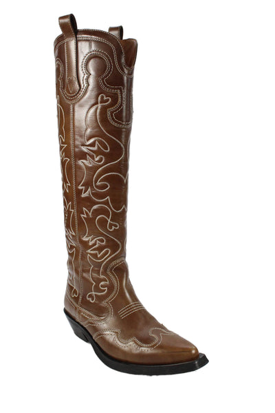 Ganni Womens Leather Knee High Cowboy Boots Brown White Size 40 10