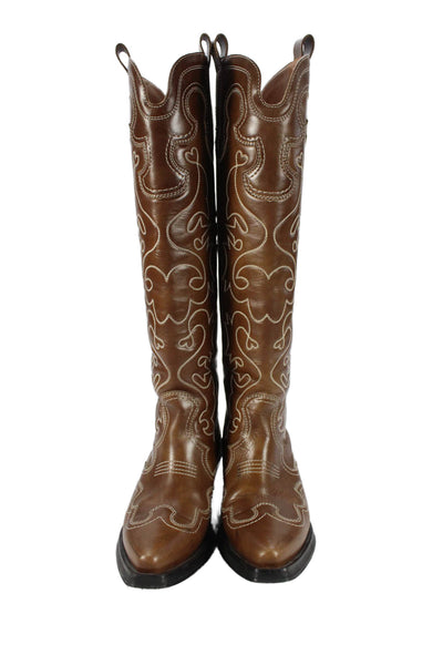 Ganni Womens Leather Knee High Cowboy Boots Brown White Size 40 10