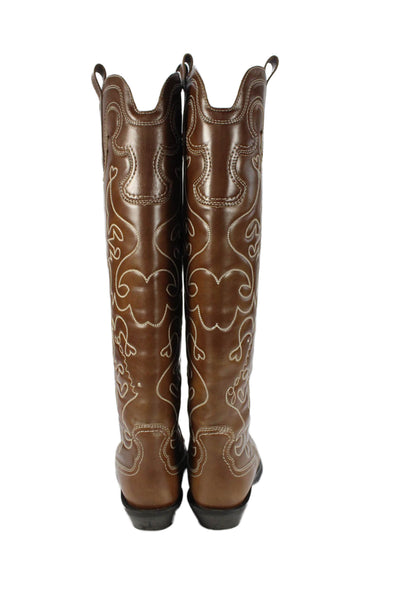 Ganni Womens Leather Knee High Cowboy Boots Brown White Size 40 10