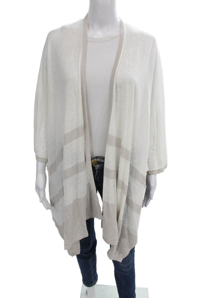 Kinross Women Kimono White Linen Striped V-Neck 3/4 Sleeve Size One Size