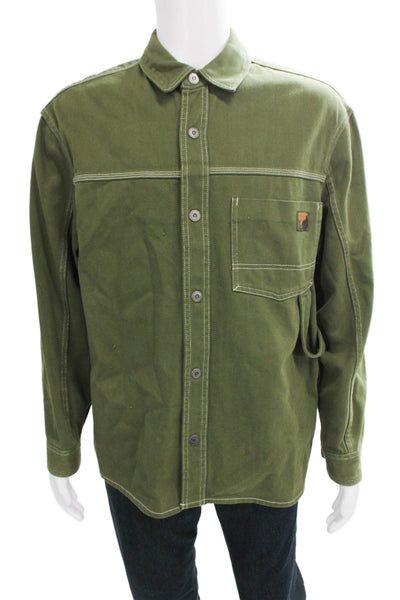 Zara Mens Long Sleeves Button Down Shirt Green Cotton Size Medium