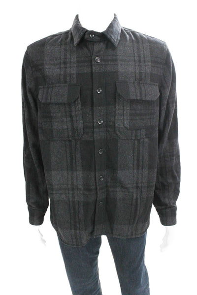 Banana Republic Mens Plaid Button Down Shirt Grey Black Wool Size Medium