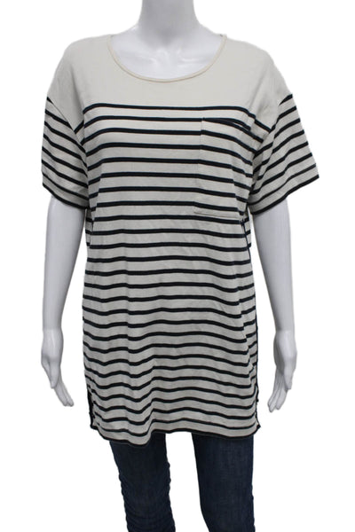 La Ligne Women Tunic Tee White Striped Cotton Round Neck Short Sleeve Size S