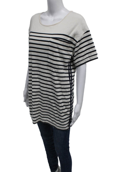 La Ligne Women Tunic Tee White Striped Cotton Round Neck Short Sleeve Size S
