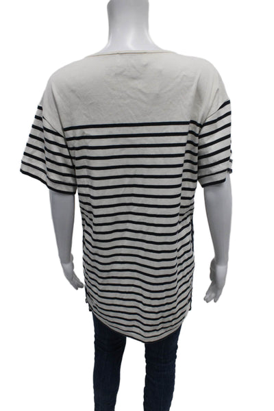 La Ligne Women Tunic Tee White Striped Cotton Round Neck Short Sleeve Size S