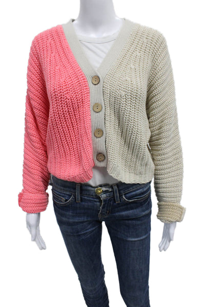 Lisa Todd Womens Cardigan V-Neck Long Sleeve Multicolor Pink 60% Cotton Size S