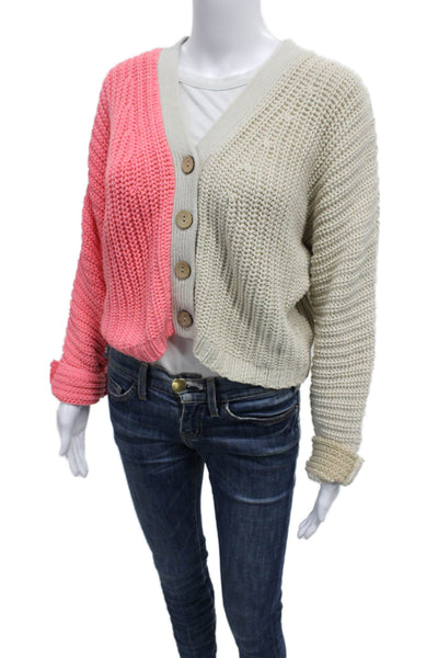 Lisa Todd Womens Cardigan V-Neck Long Sleeve Multicolor Pink 60% Cotton Size S