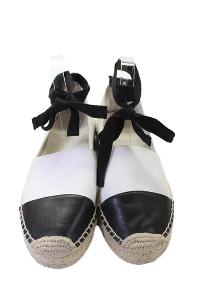 J Crew Womens Leather Cap Toe Ankle Strap Espadrilles Loafers White Black 9.5