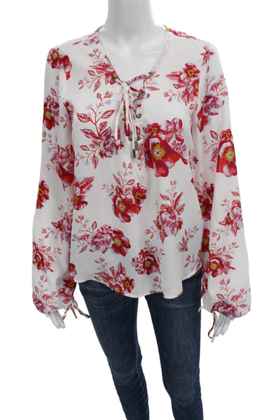 Tularosa Women Basic Floral V Neck Lace Up Long Sleeve Blouse White Size M