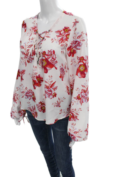 Tularosa Women Basic Floral V Neck Lace Up Long Sleeve Blouse White Size M