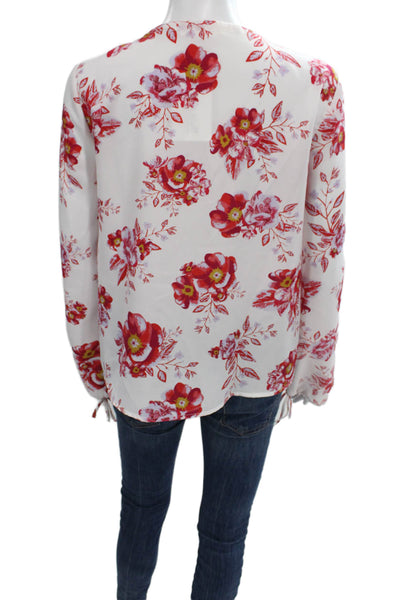 Tularosa Women Basic Floral V Neck Lace Up Long Sleeve Blouse White Size M
