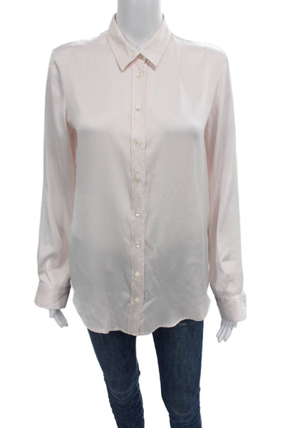 Sharis Place Womens Satin Collared Button Up Long Sleeve Pink Basic Size M