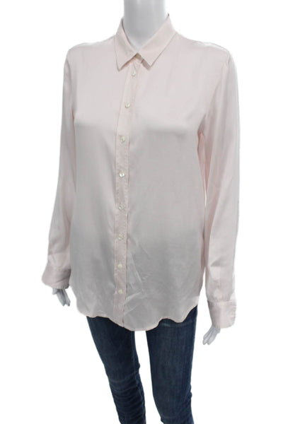 Sharis Place Womens Satin Collared Button Up Long Sleeve Pink Basic Size M