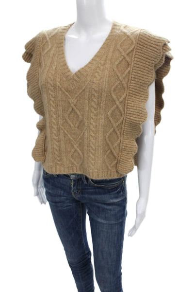 Zara Women Sweater Vest V Neck Geometric Beige Sleeveless Size M