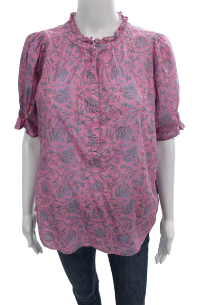 Apiece Apart Women Tunic Blouse Pink Floral Collared Short Sleeve Size S