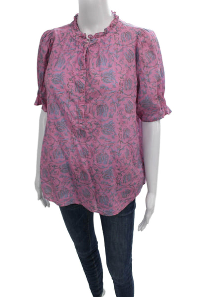 Apiece Apart Women Tunic Blouse Pink Floral Collared Short Sleeve Size S