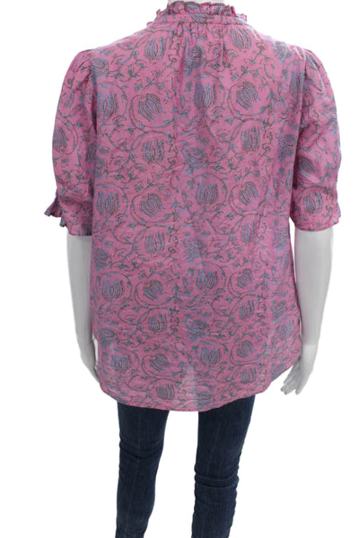Apiece Apart Women Tunic Blouse Pink Floral Collared Short Sleeve Size S