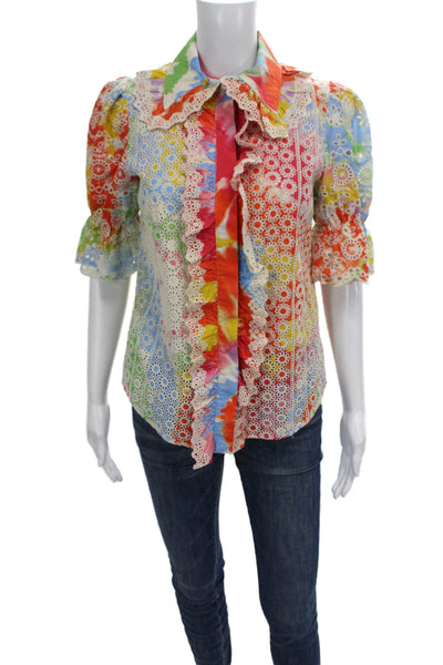 Manoush Womens Multicolor Floral Collared Cotton 3/4 Sleeve Blouse Size 36