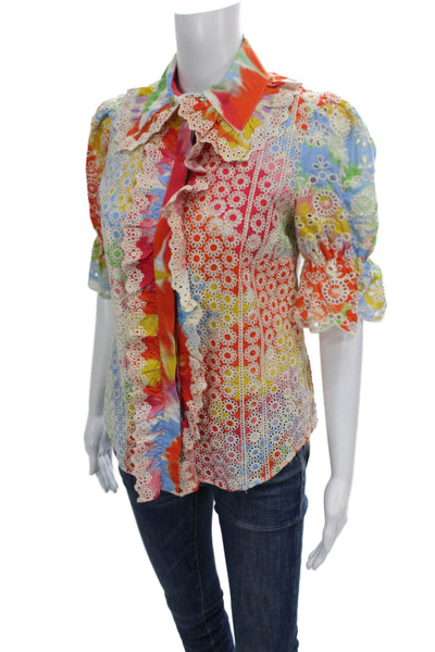 Manoush Womens Multicolor Floral Collared Cotton 3/4 Sleeve Blouse Size 36