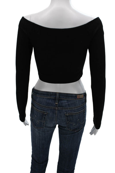 Torn by Ronny Kobo Women Cropped Off Shoulder Black Blouse Long Sleeve Size S