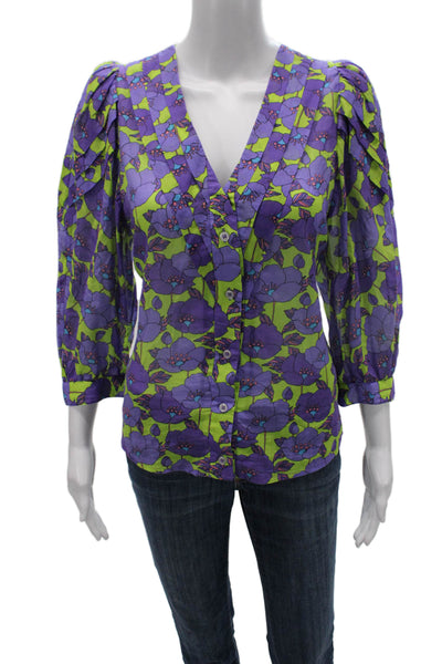 Smythe Women Basic Purple Floral V-Neck Button 3/4 Sleeve Cotton Blouse Size M