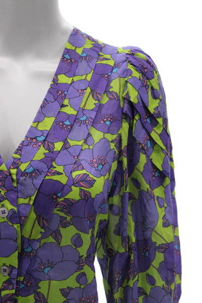 Smythe Women Basic Purple Floral V-Neck Button 3/4 Sleeve Cotton Blouse Size M