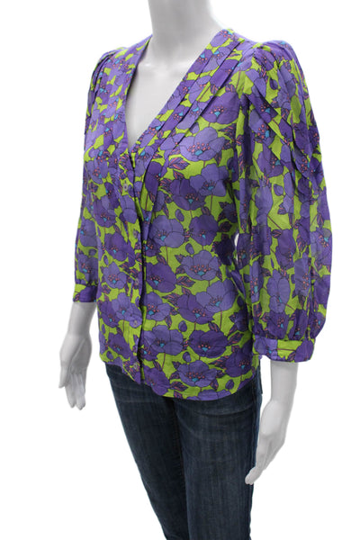 Smythe Women Basic Purple Floral V-Neck Button 3/4 Sleeve Cotton Blouse Size M
