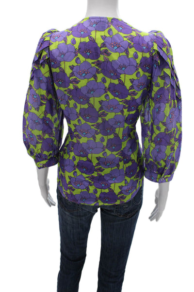 Smythe Women Basic Purple Floral V-Neck Button 3/4 Sleeve Cotton Blouse Size M